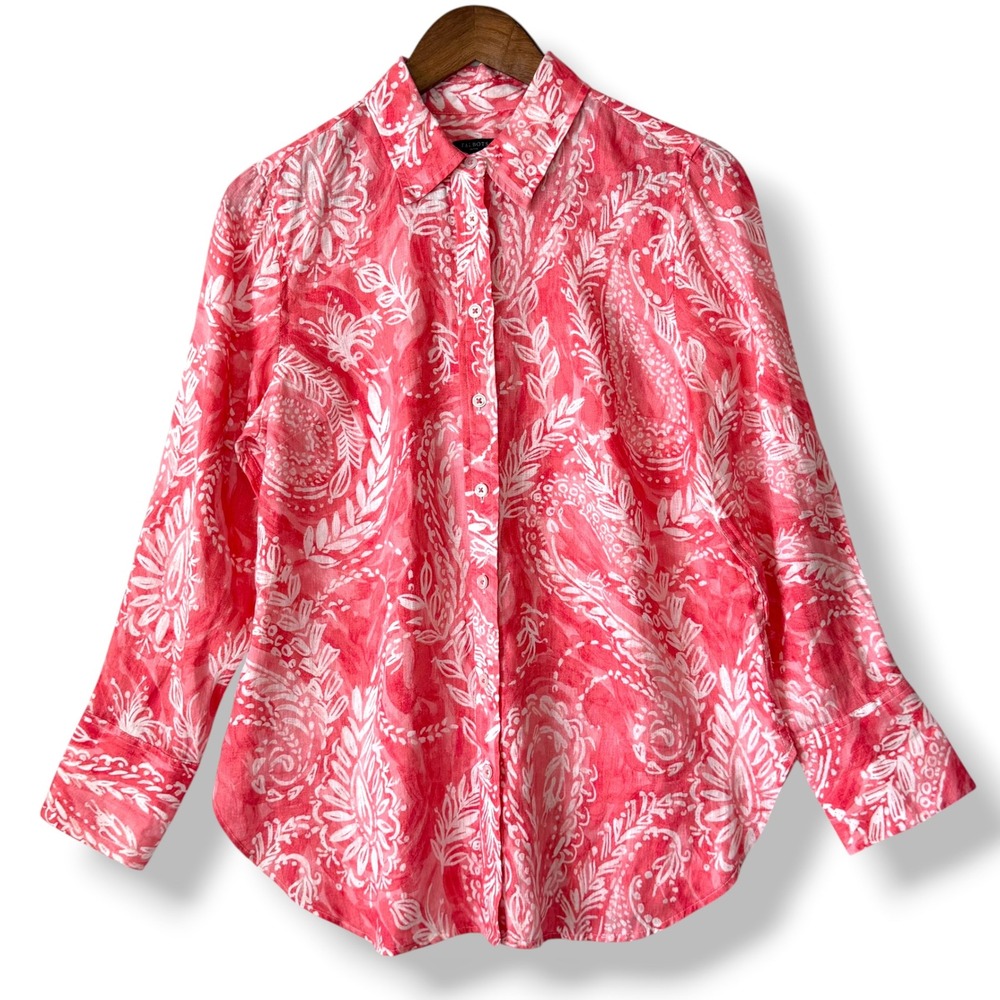 Talbots Petite MP 100% Linen‎ Button Up Blouse Coral Pink White Vacation Coastal